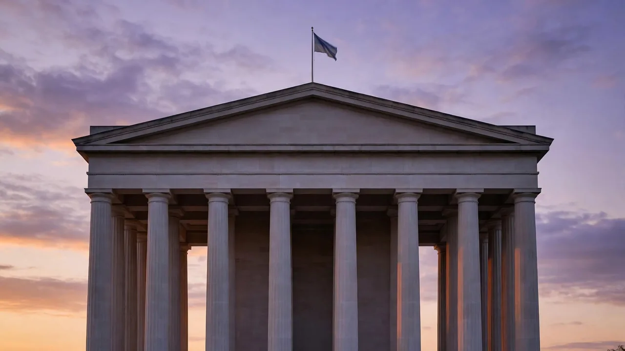 A grand government building with columns at dusk, representing the Federal Reserve's interest rate decisions