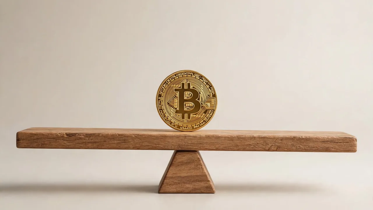 A golden Bitcoin coin balanced on a wooden seesaw, symbolizing the balanced bull and bear arguments