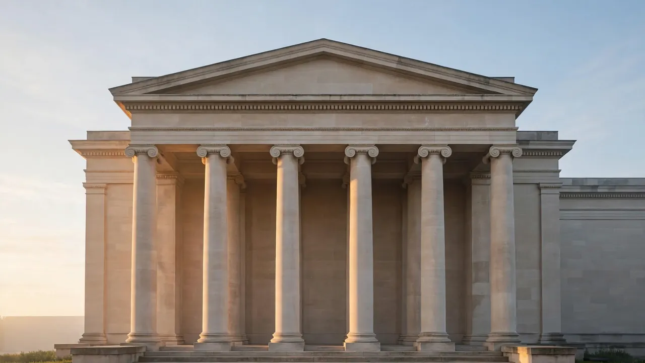 A grand government treasury building at dawn with soft golden light, symbolizing liquidity flowing into markets