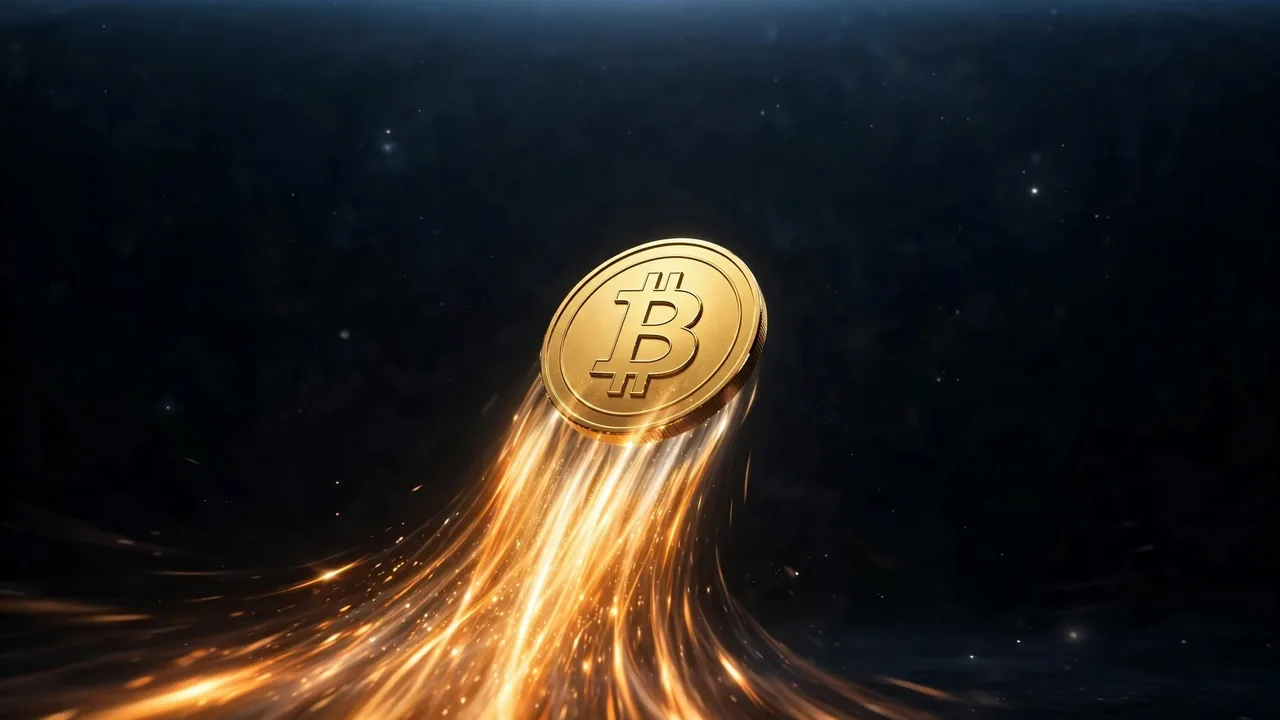 A golden Bitcoin coin launching upward with fiery trails toward a glowing resistance barrier