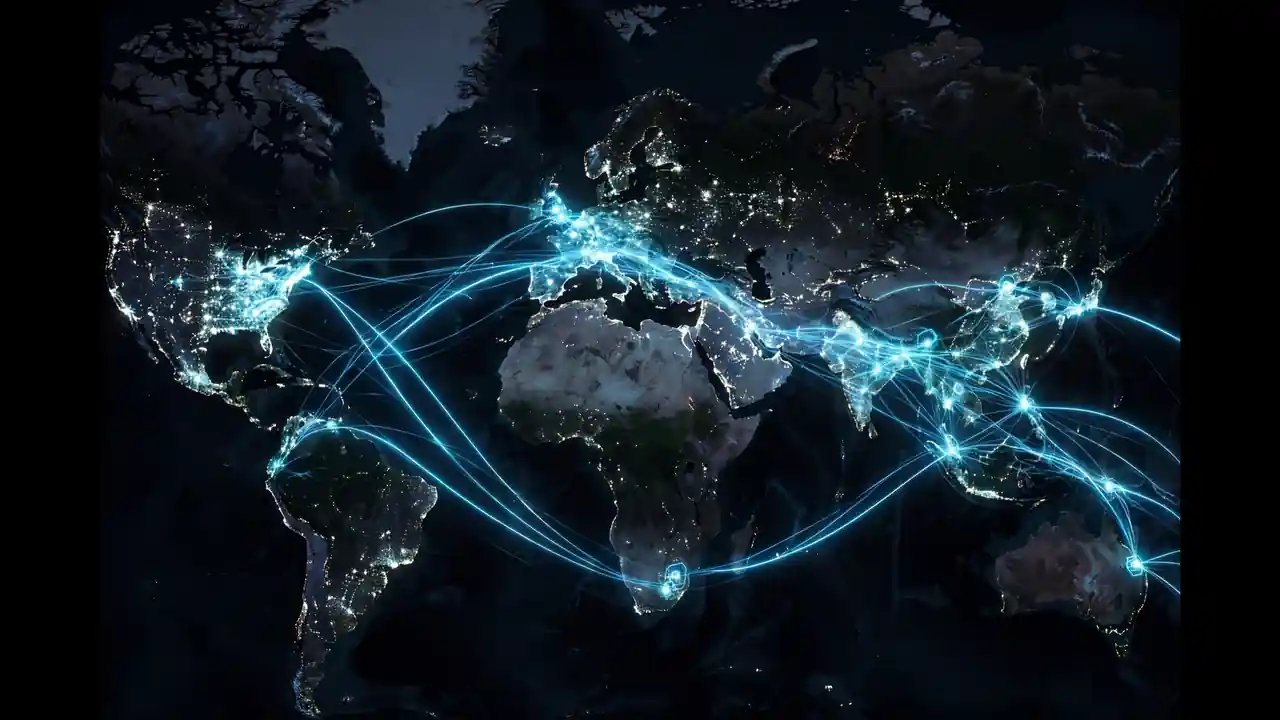 Glowing network of data centers connected across a world map at night