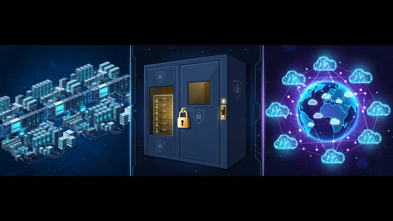 Illustration comparing shared servers, a private VPS room, and a global cloud network