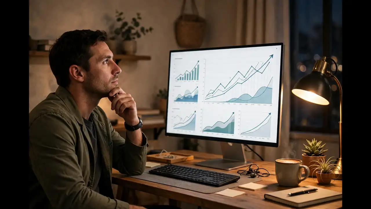 Website owner studying a rising traffic growth chart on a monitor