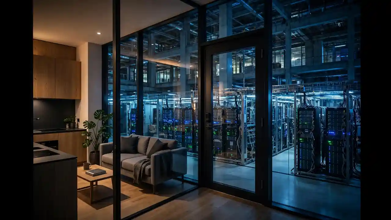 A private apartment with a locked glass door inside a large modern building