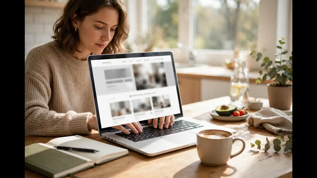 Blogger typing on a laptop at a sunny table with a fresh blog on screen