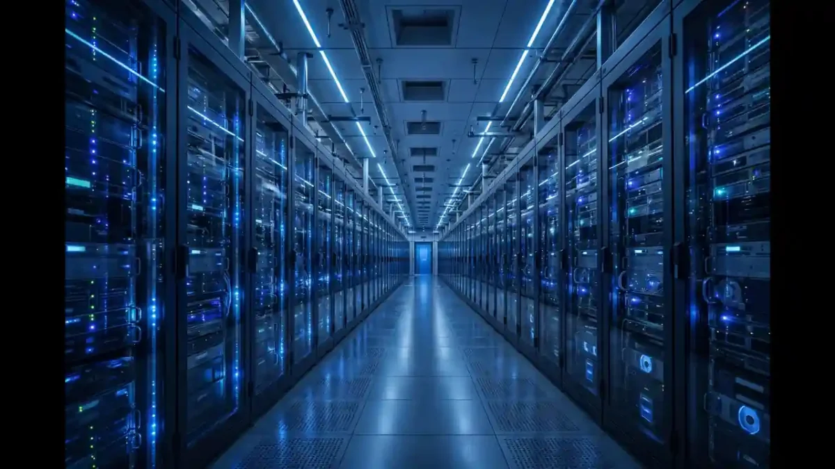 Rows of glowing server racks in a modern data center corridor