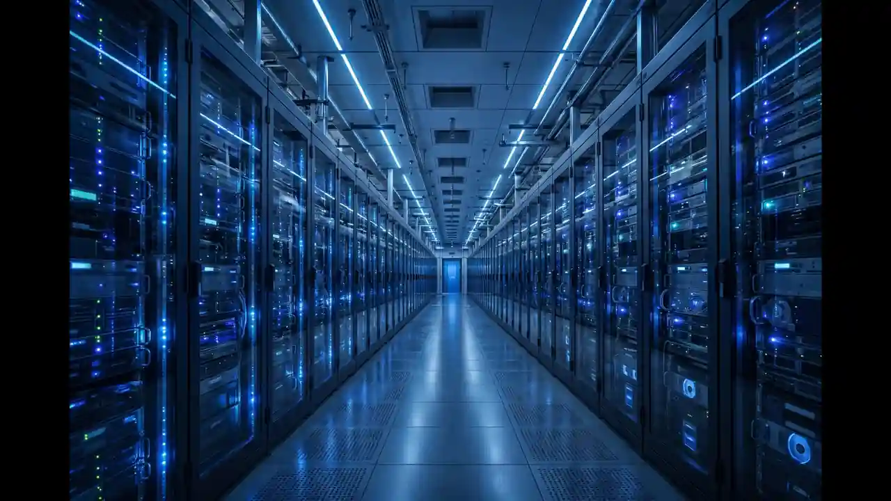 Rows of glowing server racks in a modern data center corridor