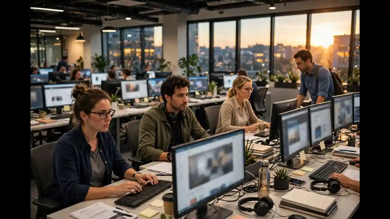 Modern digital newsroom with journalists working at monitors showing news websites