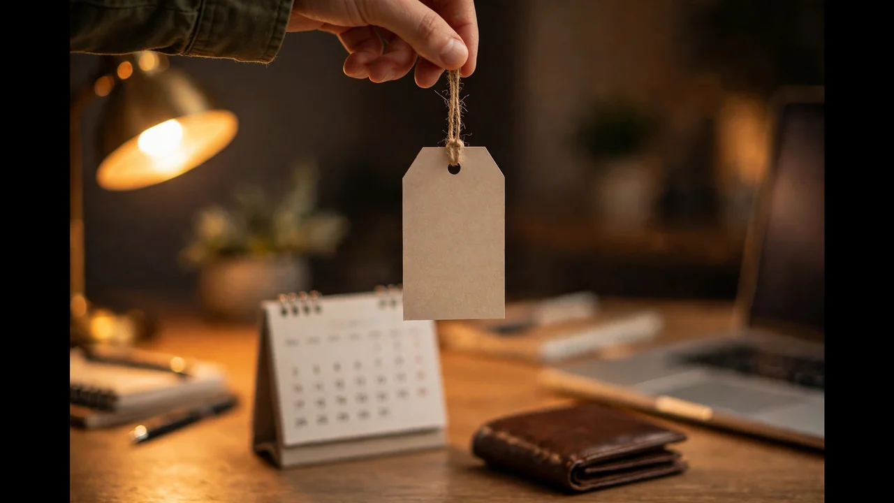 Hand holding a price tag over a calendar and wallet beside a laptop
