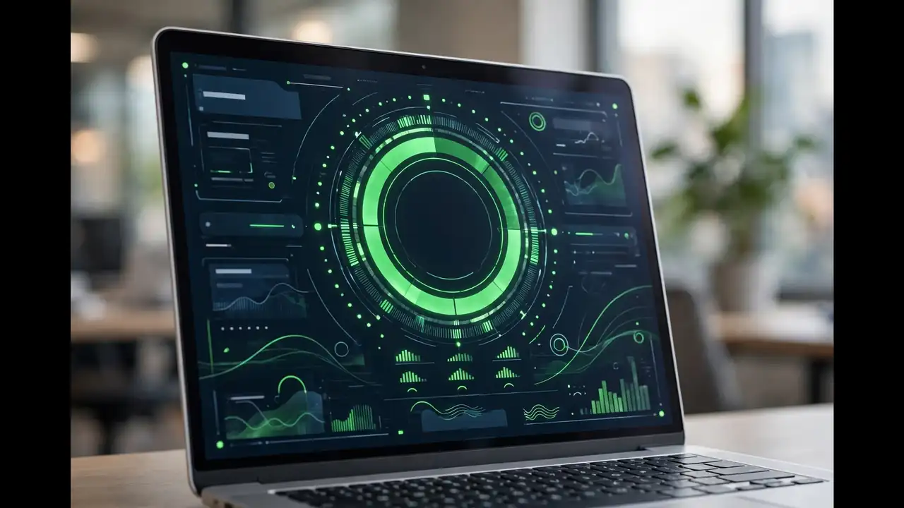 Laptop showing a website speed test dashboard with a fast-loading gauge