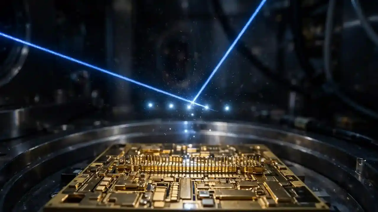 Close-up of a trapped-ion quantum computer vacuum chamber with glowing ions above a gold chip
