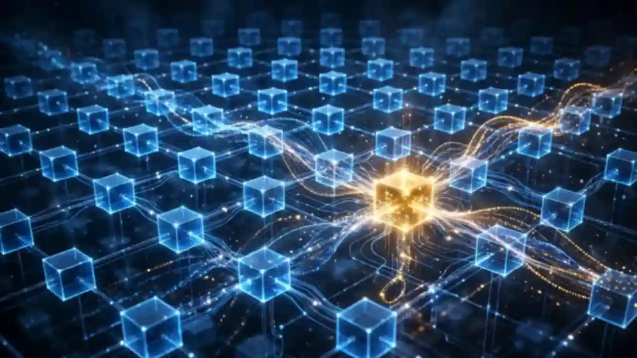 Visualization of quantum error correction with glowing cubes representing protected logical qubits