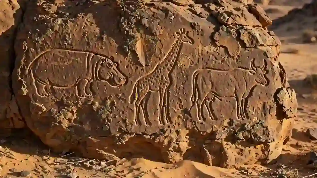 Ancient rock art engravings of hippos and giraffes on a Saharan cliff face