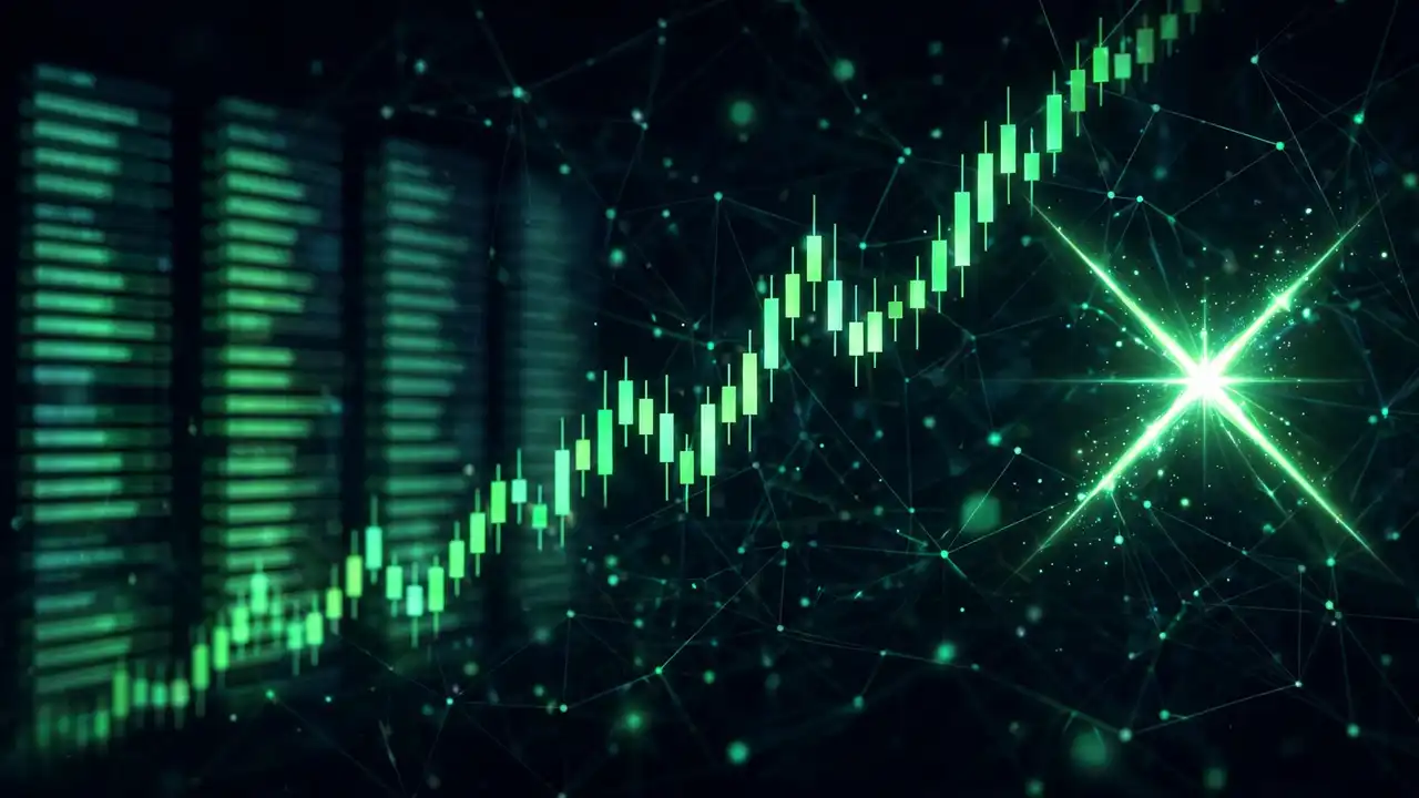 Extended perp DEX trading terminal with green candlestick chart and glowing X emblem