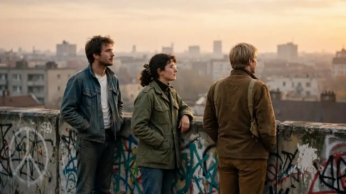 People celebrating on top of the graffiti-covered Berlin Wall in November 1989