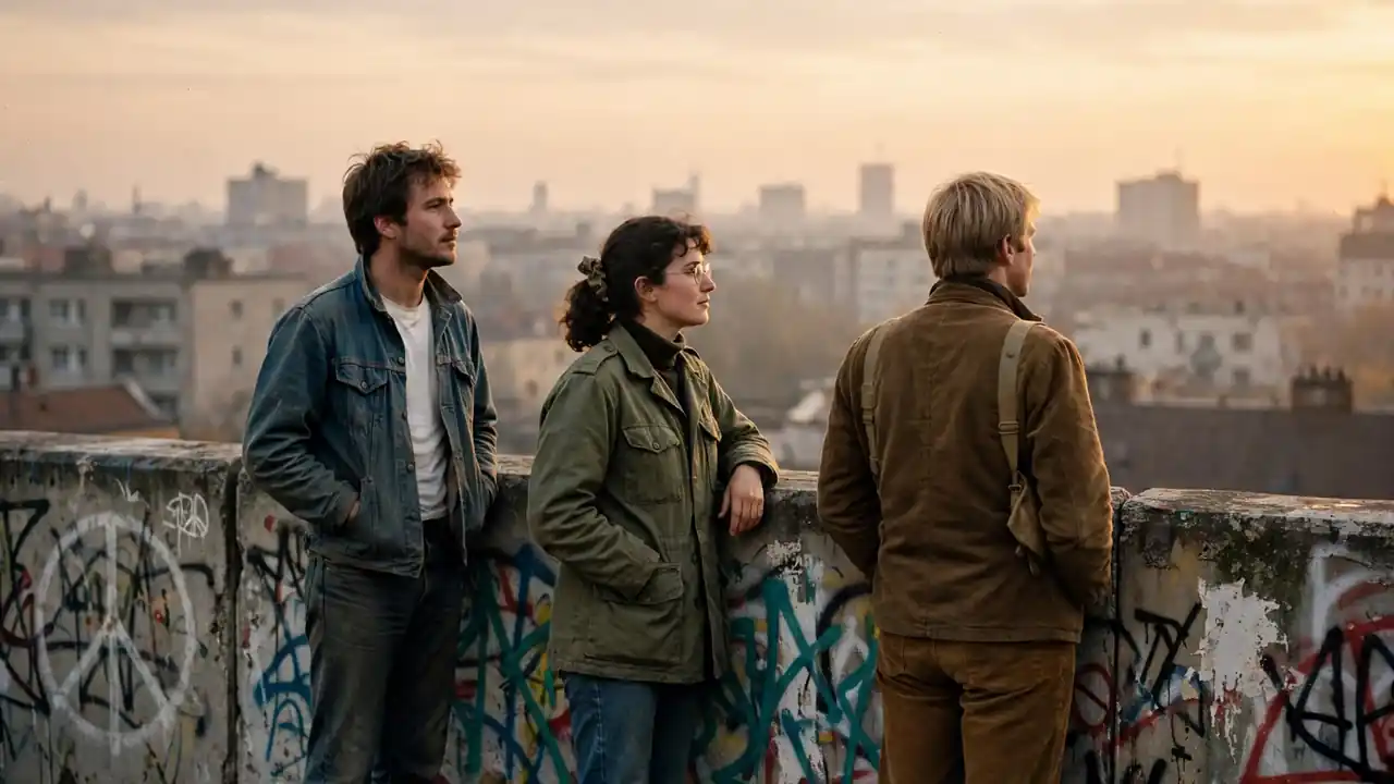 People celebrating on top of the graffiti-covered Berlin Wall in November 1989, with the city skyline behind