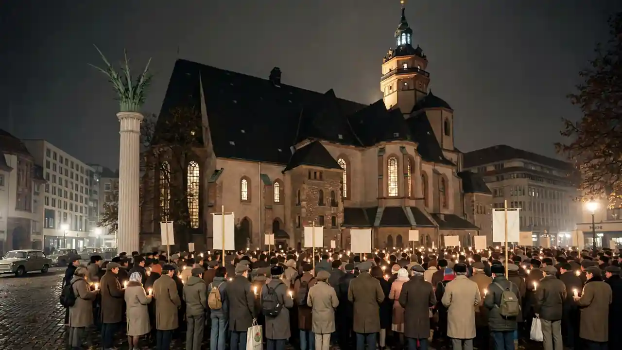 Peaceful candlelit demonstration of East German citizens in Leipzig in October 1989, with the church illuminated behind