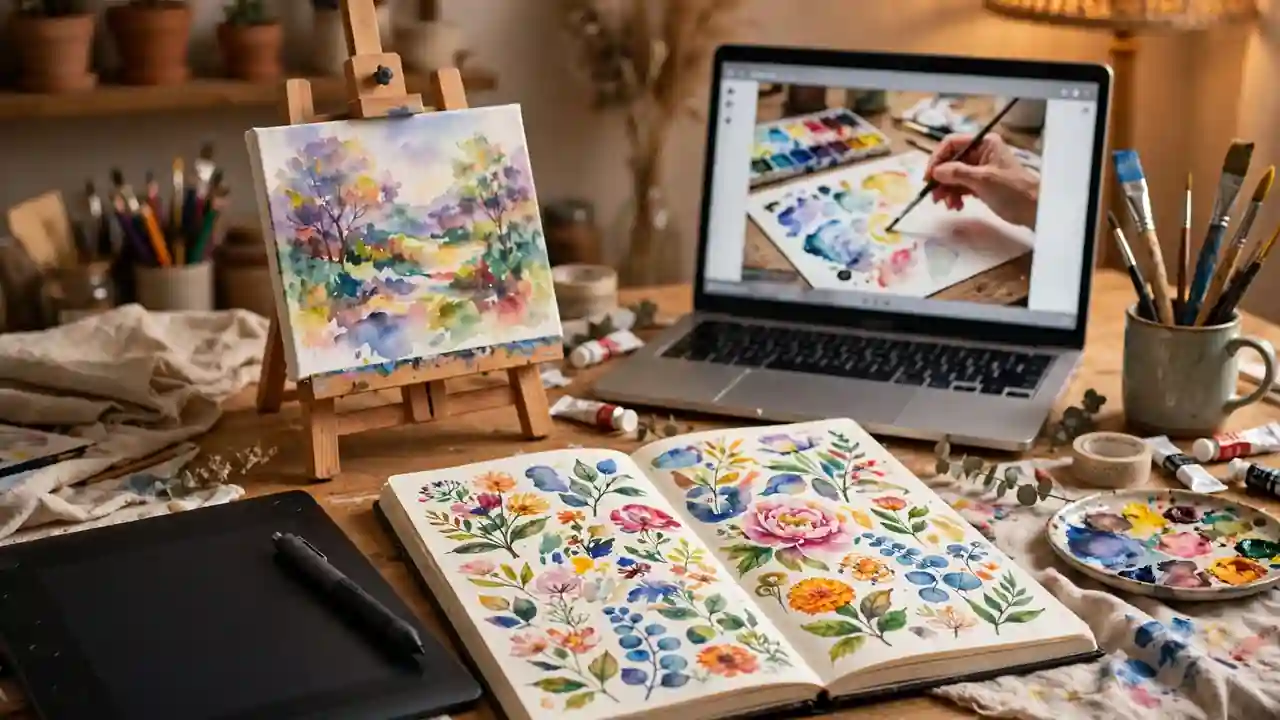 Creative workspace with drawing tablet, sketchbook and laptop playing an art tutorial