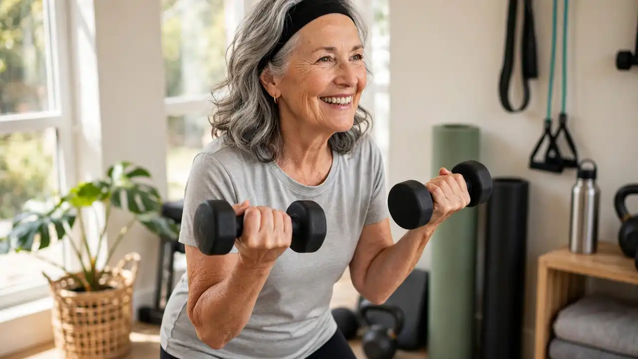 An active woman in her 60s doing dumbbell strength training in a bright home gym