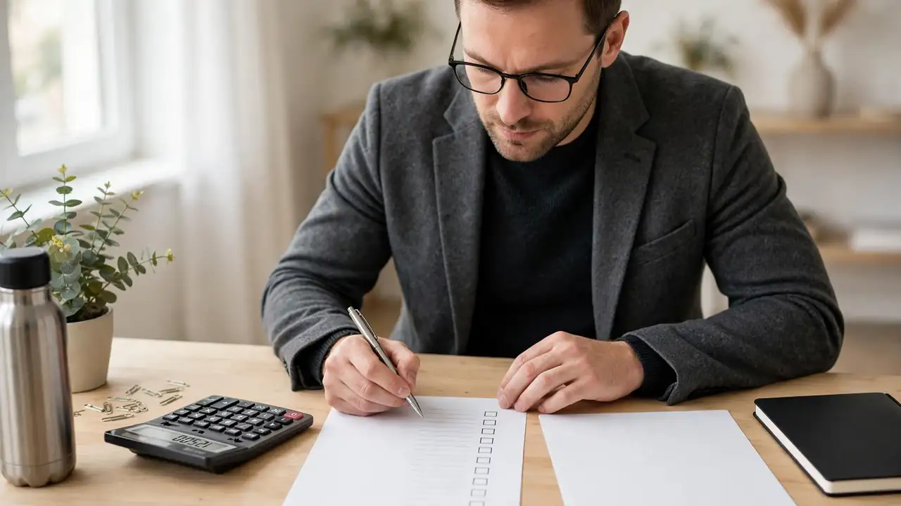 Professional reviewing a compensation package document with a calculator at a desk