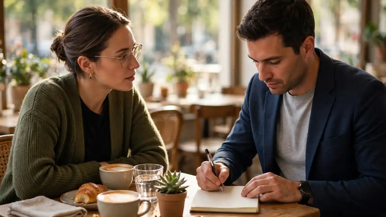 Two professionals role-playing a salary negotiation conversation at a cafe table
