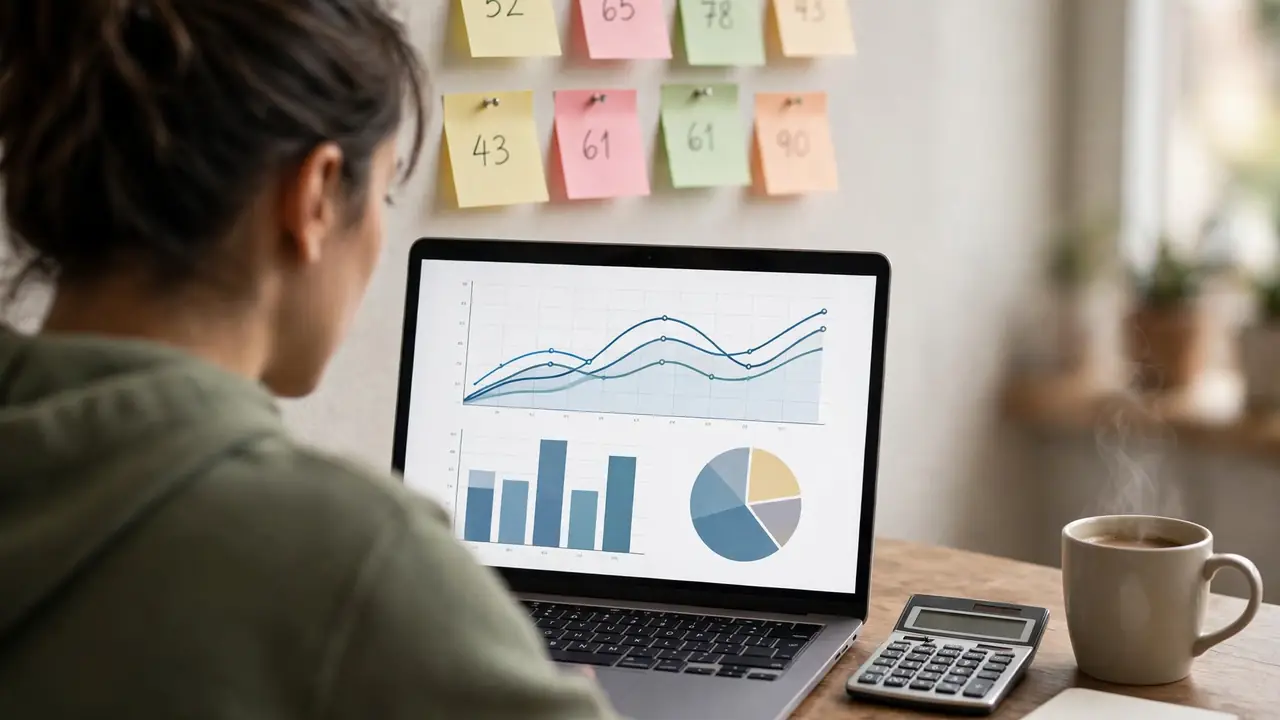 Person researching salary benchmarks on a laptop with charts and sticky notes