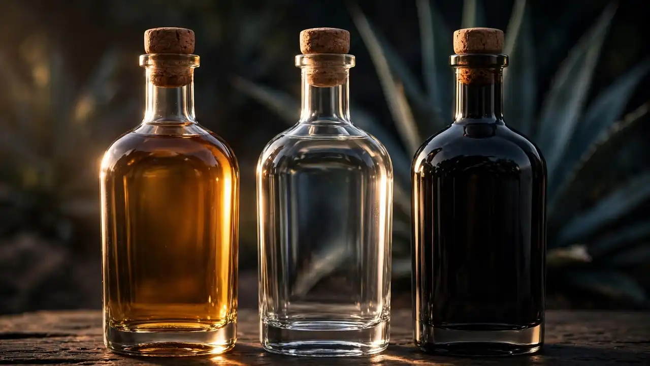 Close-up of premium tequila bottles in amber, clear and dark tones with dramatic lighting