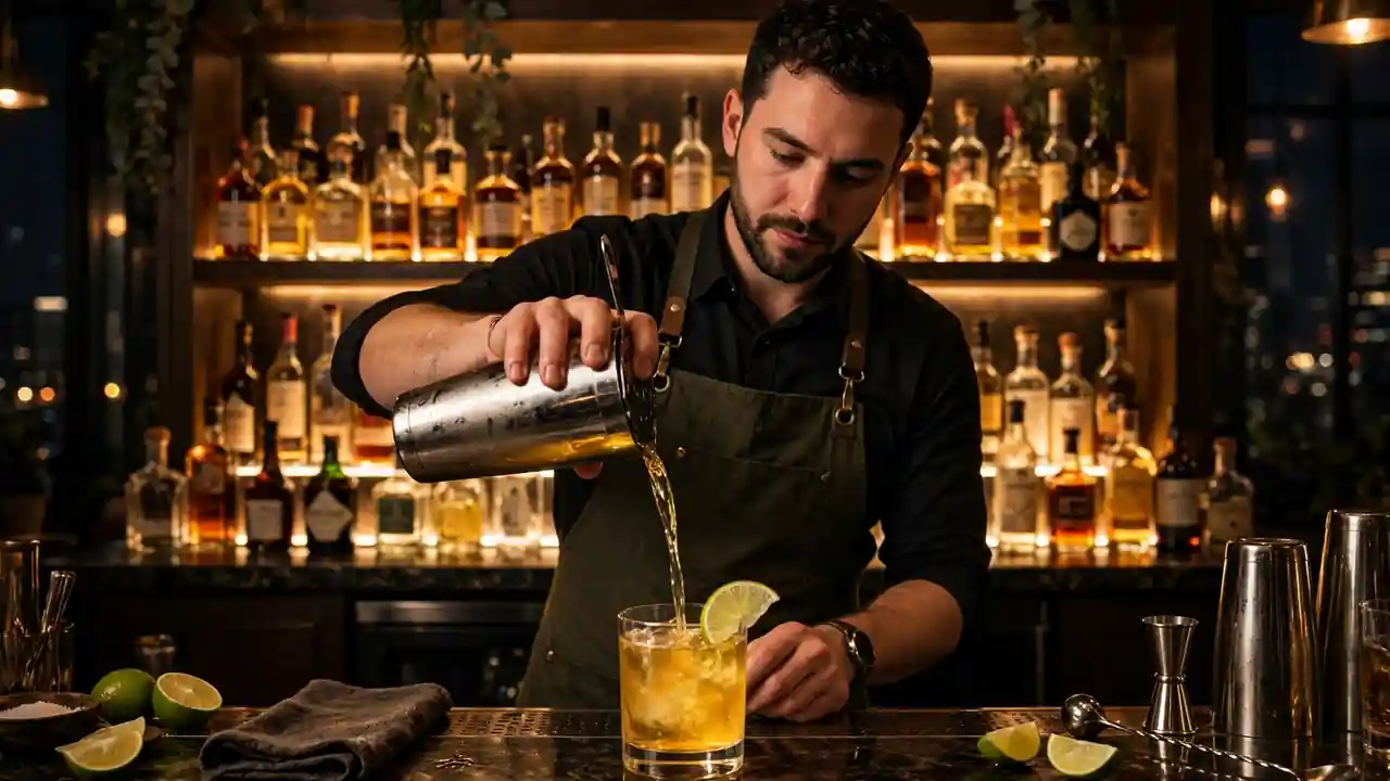 A bartender pouring a golden tequila cocktail in an upscale bar at night