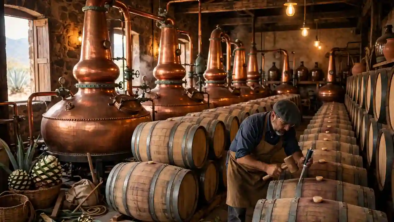 Copper stills and oak barrels inside a traditional Mexican tequila distillery