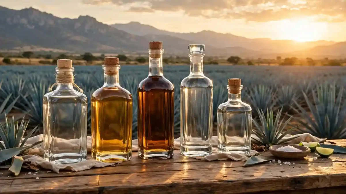 Premium tequila bottles on a bar counter with blue agave fields and mountains behind at golden hour