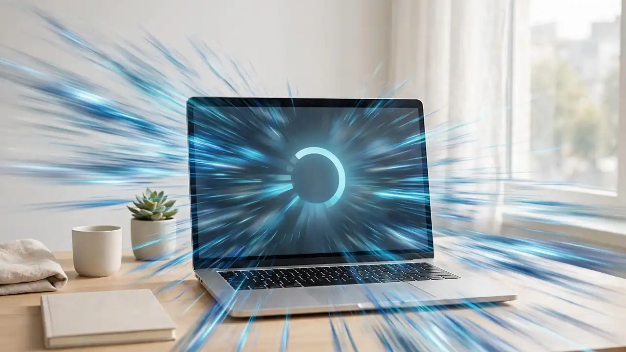 Website loading quickly on a laptop in a bright modern workspace