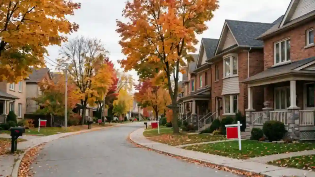 Suburban Toronto street with detached houses and for-sale signs on lawns