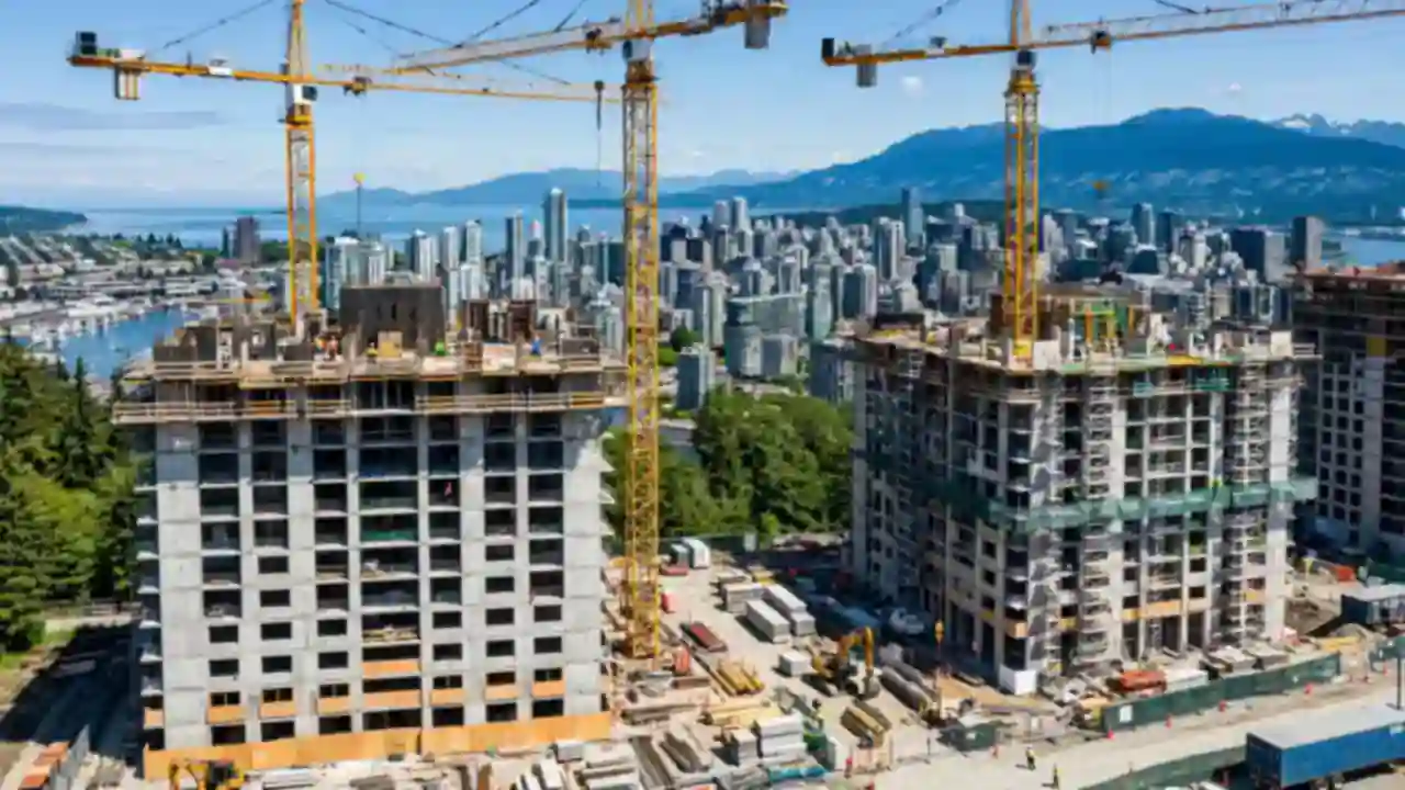 Construction cranes over half-built condo towers in Vancouver
