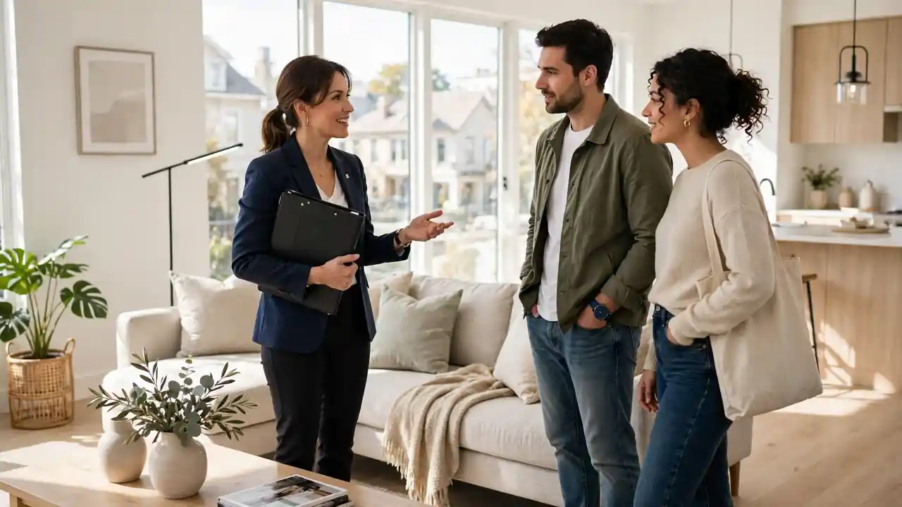 Real estate agent showing a bright modern living room to a young couple