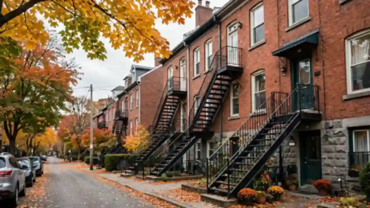 Brick duplex houses with outdoor staircases on a Montreal residential street in autumn
