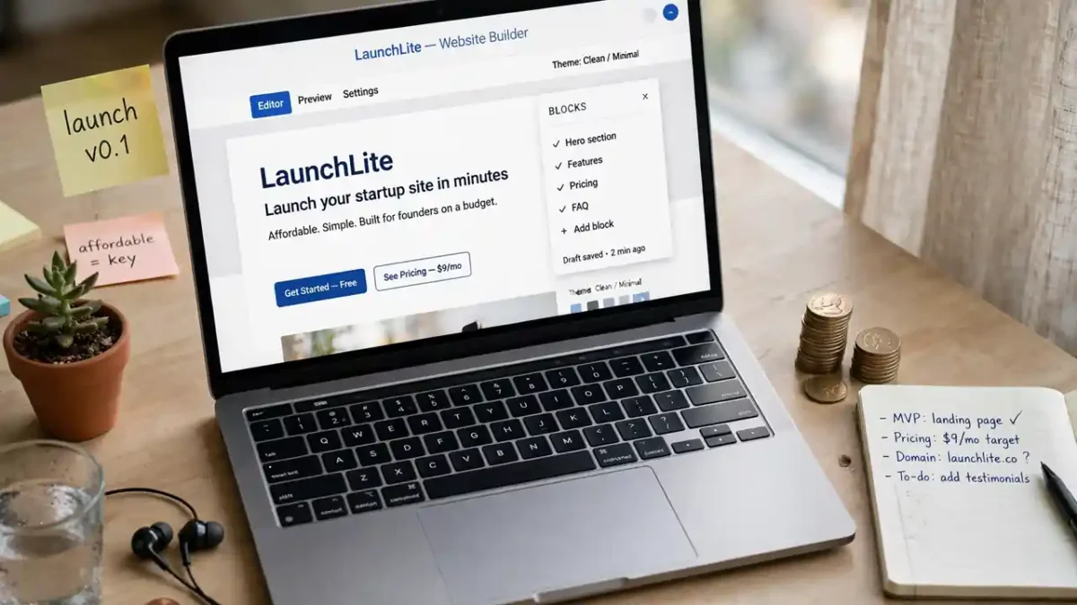 Laptop showing a website being built with a small stack of coins beside it, affordable hosting concept