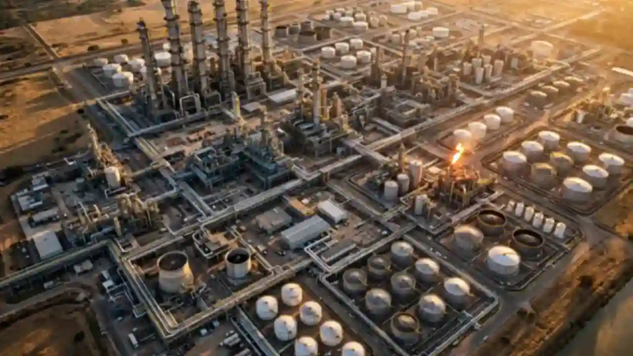 Aerial view of the massive Dangote oil refinery complex at sunset in Nigeria