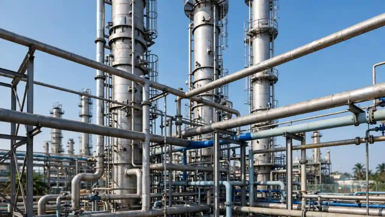 Distillation towers and pipelines at a modern oil refinery in Nigeria