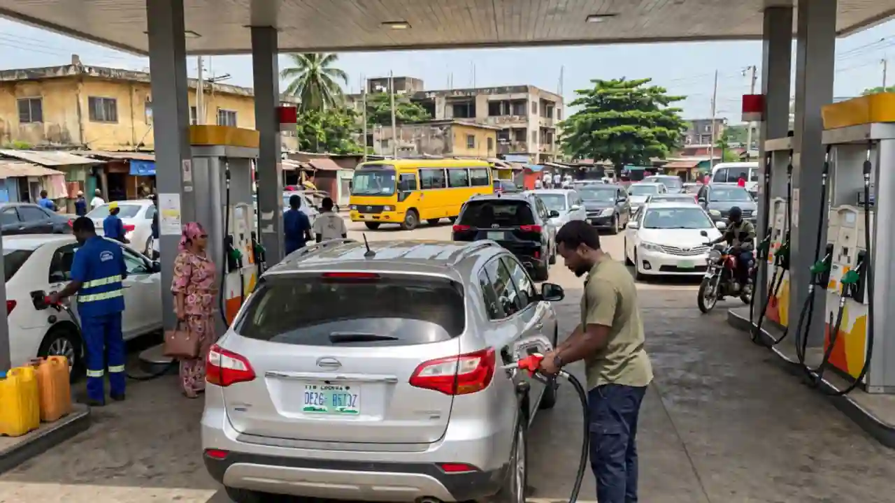 Motorist refueling a car at a busy petrol station in Lagos, Nigeria