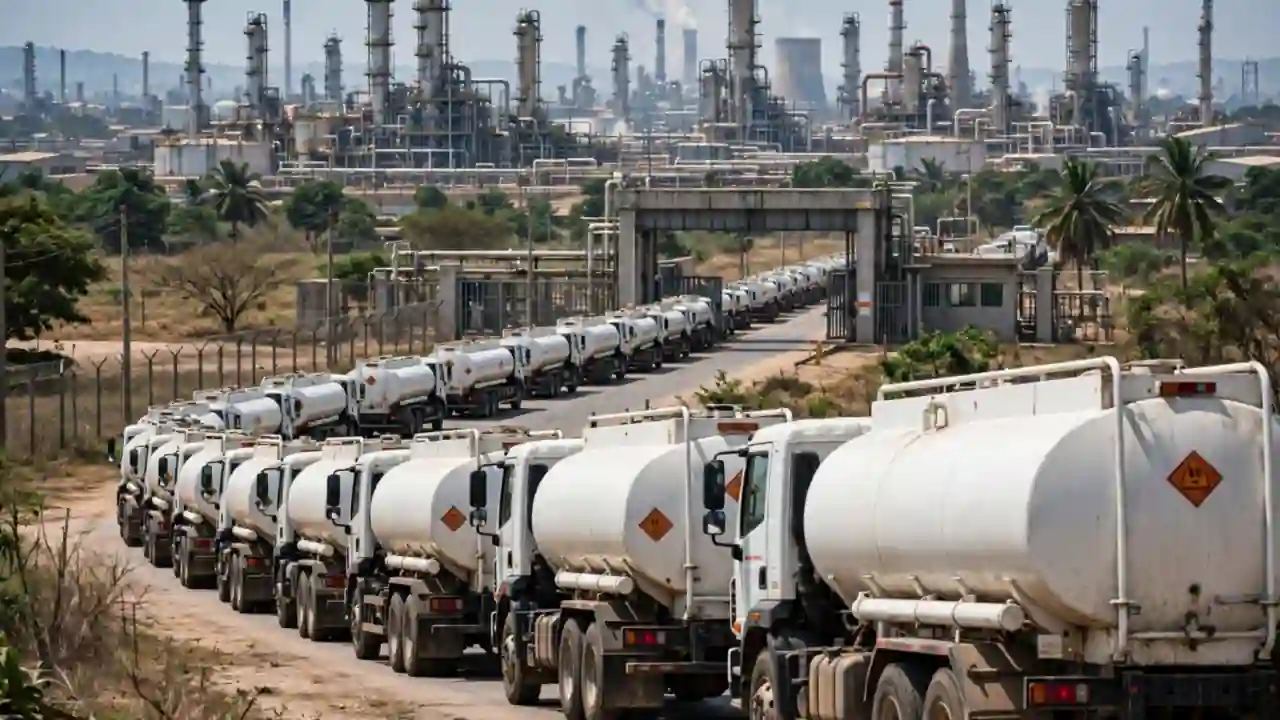Fuel tanker trucks queueing outside an oil refinery in Nigeria