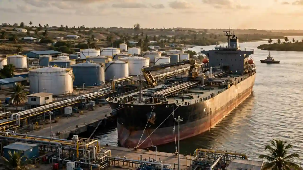 Oil tanker ship loading petroleum products at a West African port