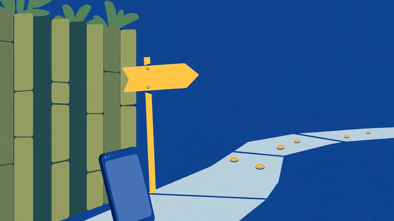 A smartphone with a road sign pointing away from a walled garden toward cheaper options