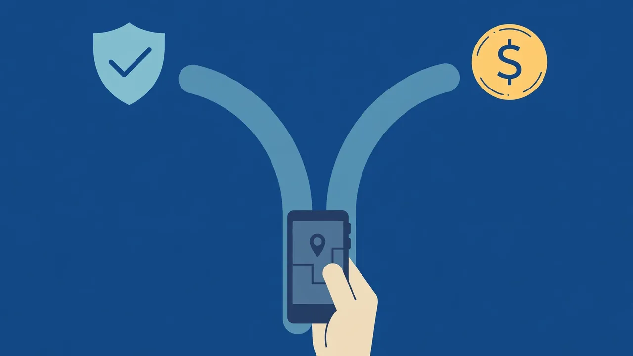 A hand holding a smartphone at a fork between a privacy shield and a coin, representing consent or pay