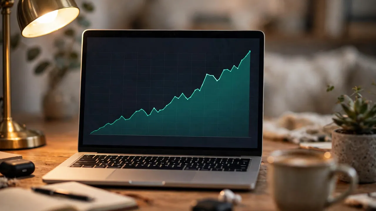 Laptop showing an affiliate dashboard with rising commission earnings graph