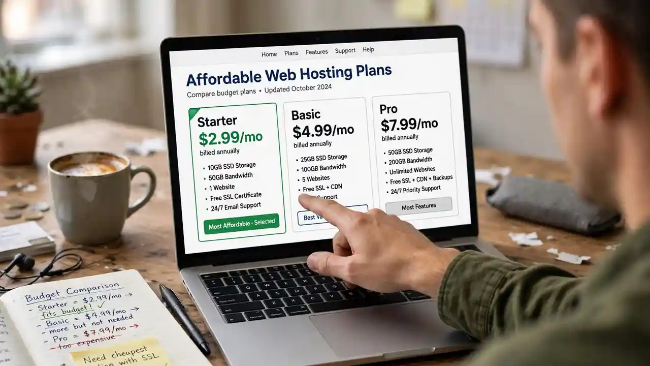 Hand pointing at affordable web hosting plan pricing on a laptop screen