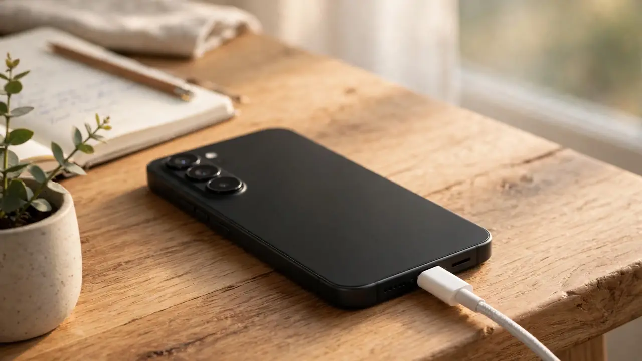 iPhone 17 connected to a USB-C cable charging on a wooden desk in morning light