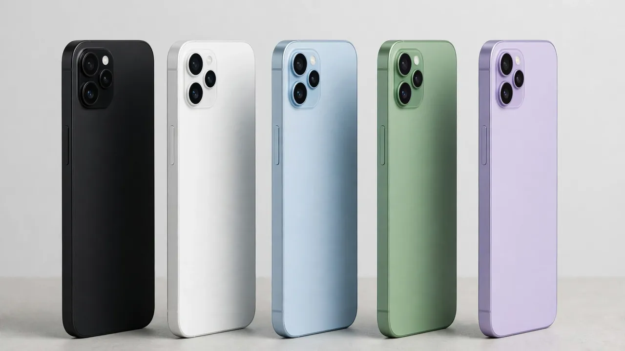 Five iPhone 17 phones in black white mist blue sage and lavender lined up on a table