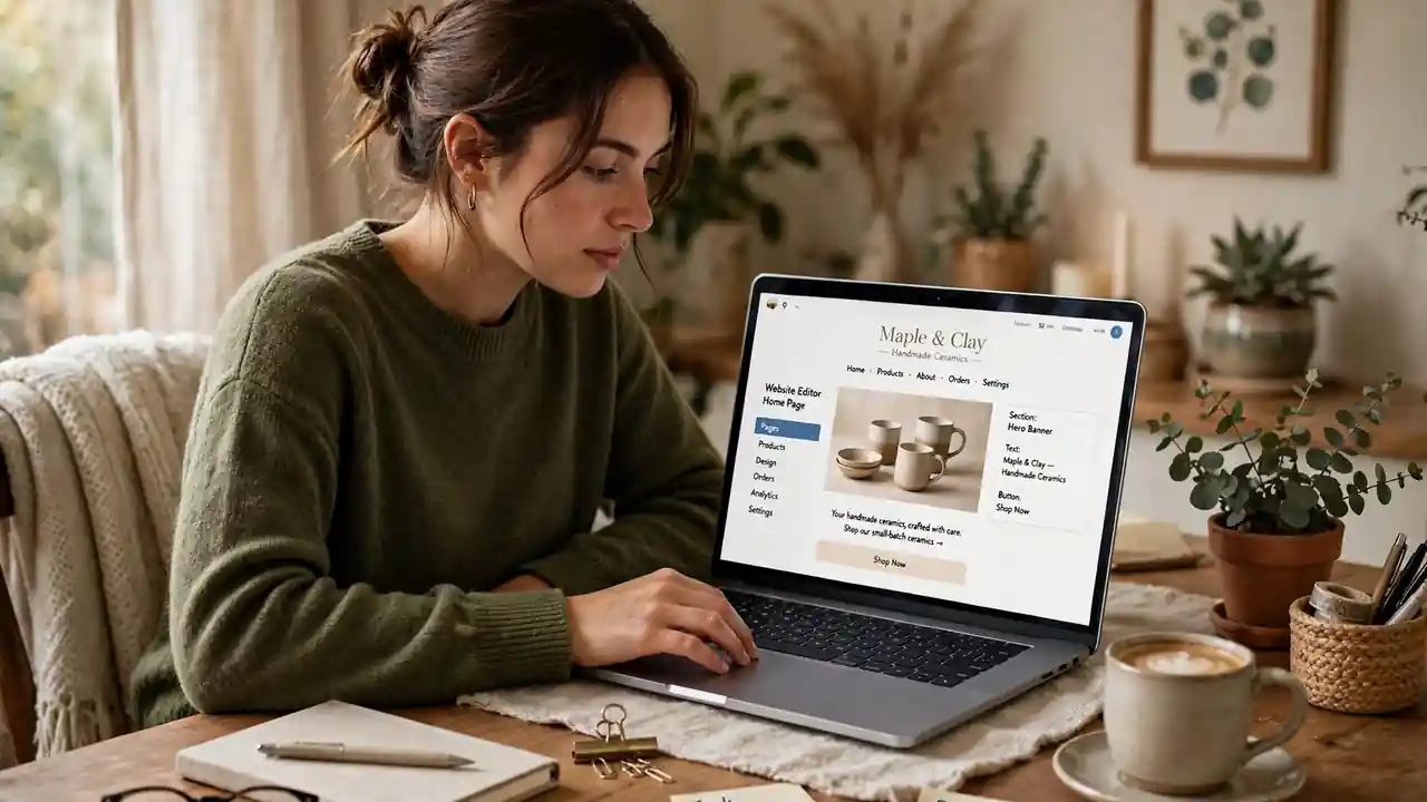 Person working on a small business website on a laptop at a cozy home desk with coffee