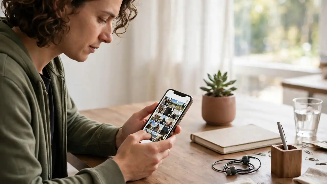 A person deleting old photos and apps on a smartphone at a tidy desk.