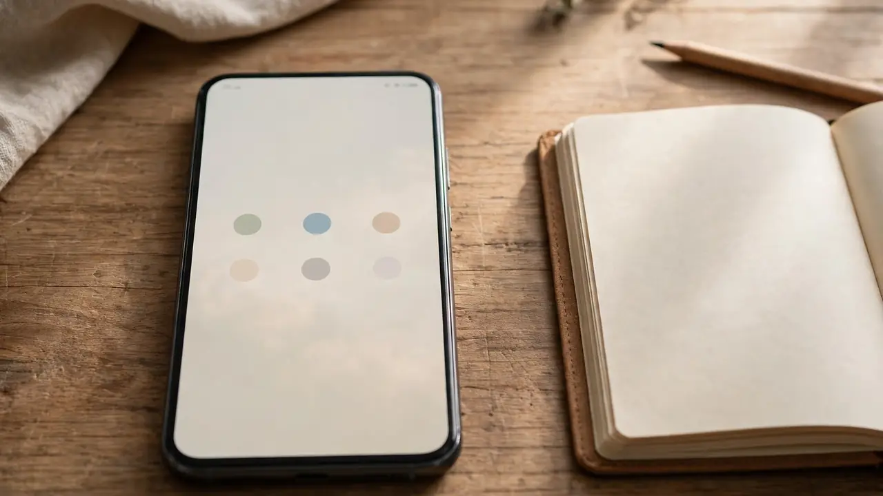 A calm smartphone home screen layout on a phone lying on a wooden desk next to a notebook.